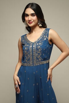 Blue Viscose Straight Embroidered Jumpsuit image number 1