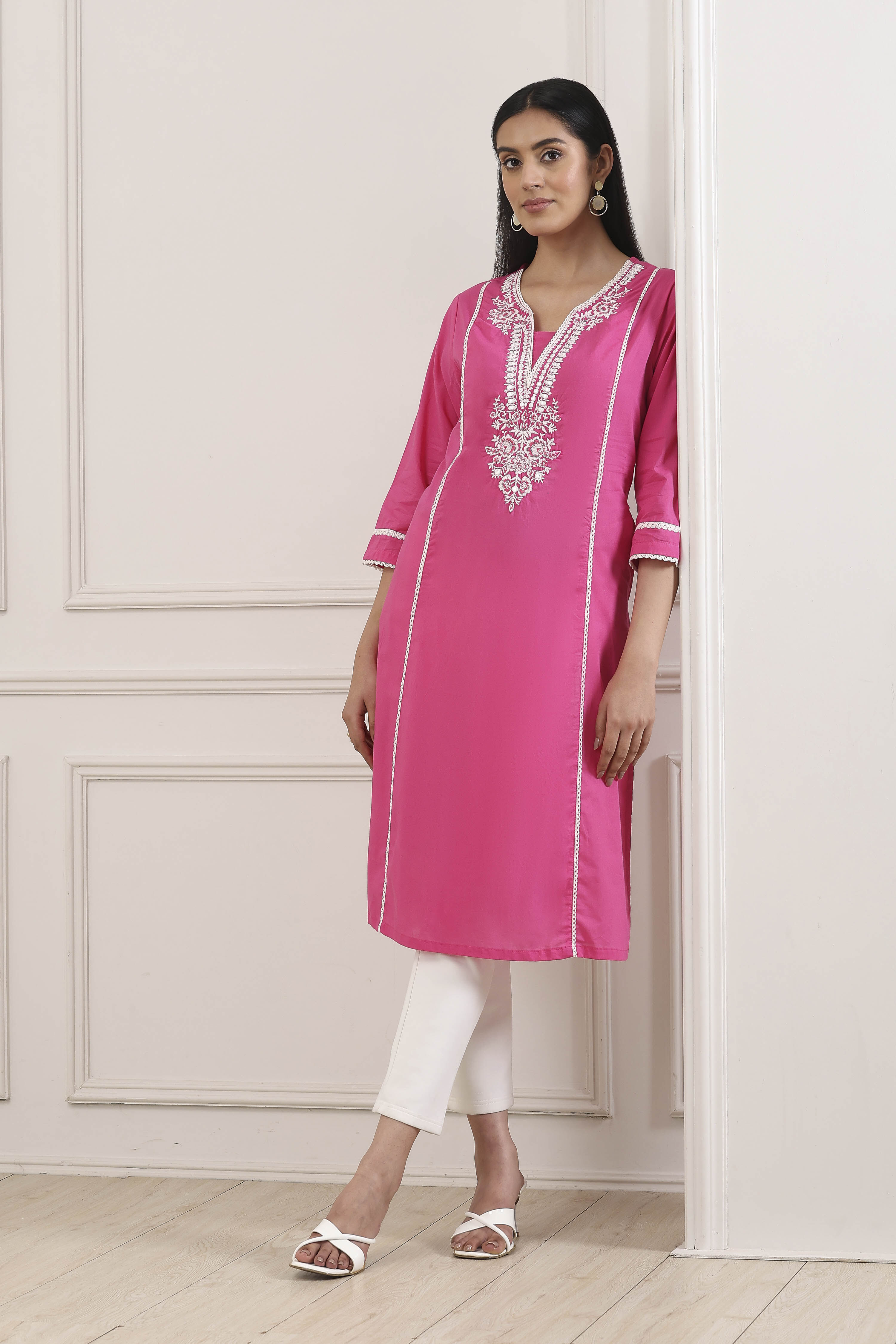 Pink Cotton Straight Kurta image number 0