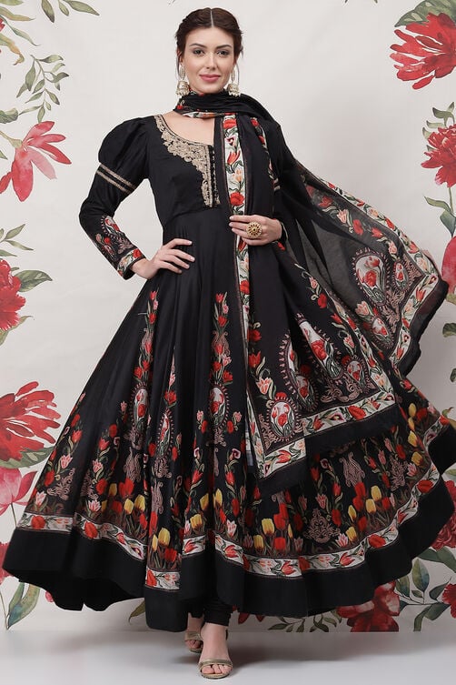 Buy Rohit Bal Black Cotton Silk Anarkali Printed Suit Set for INR9975 ...