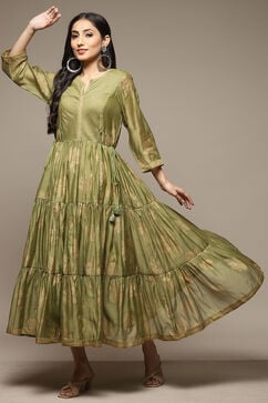 Green Cotton Blend Tiered Printed Dress image number 3