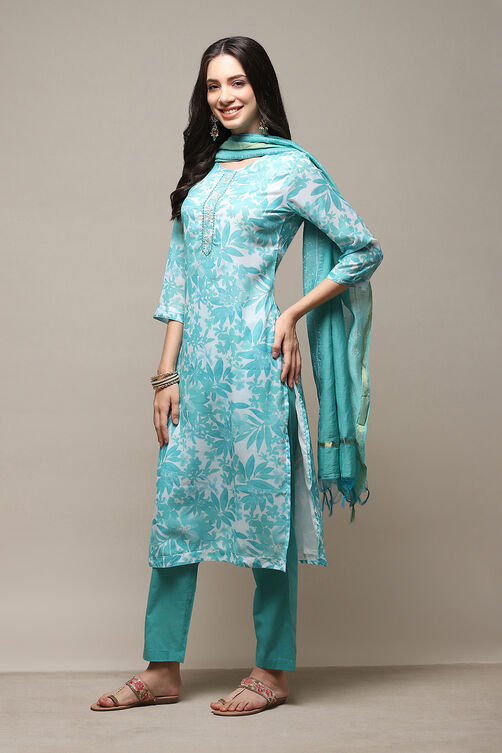 Teal Blue Silk Blend Printed Unstitched Suit Set image number 6