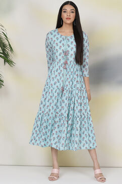 Turquoise Cotton Double Layered Dress image number 3