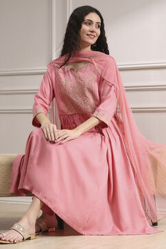 Peach-Colored Embroidered Gathered Suit Set image number 0
