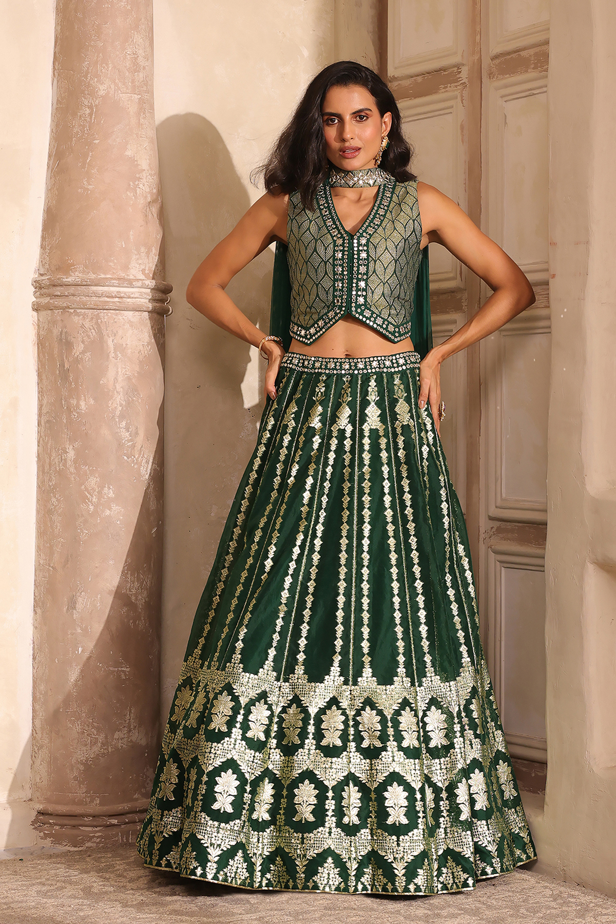 Green Jacquard Printed Mirror Work Lehenga Set