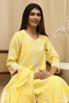 Yellow Cotton Silk Embroidered Straight Suit Set image number 0