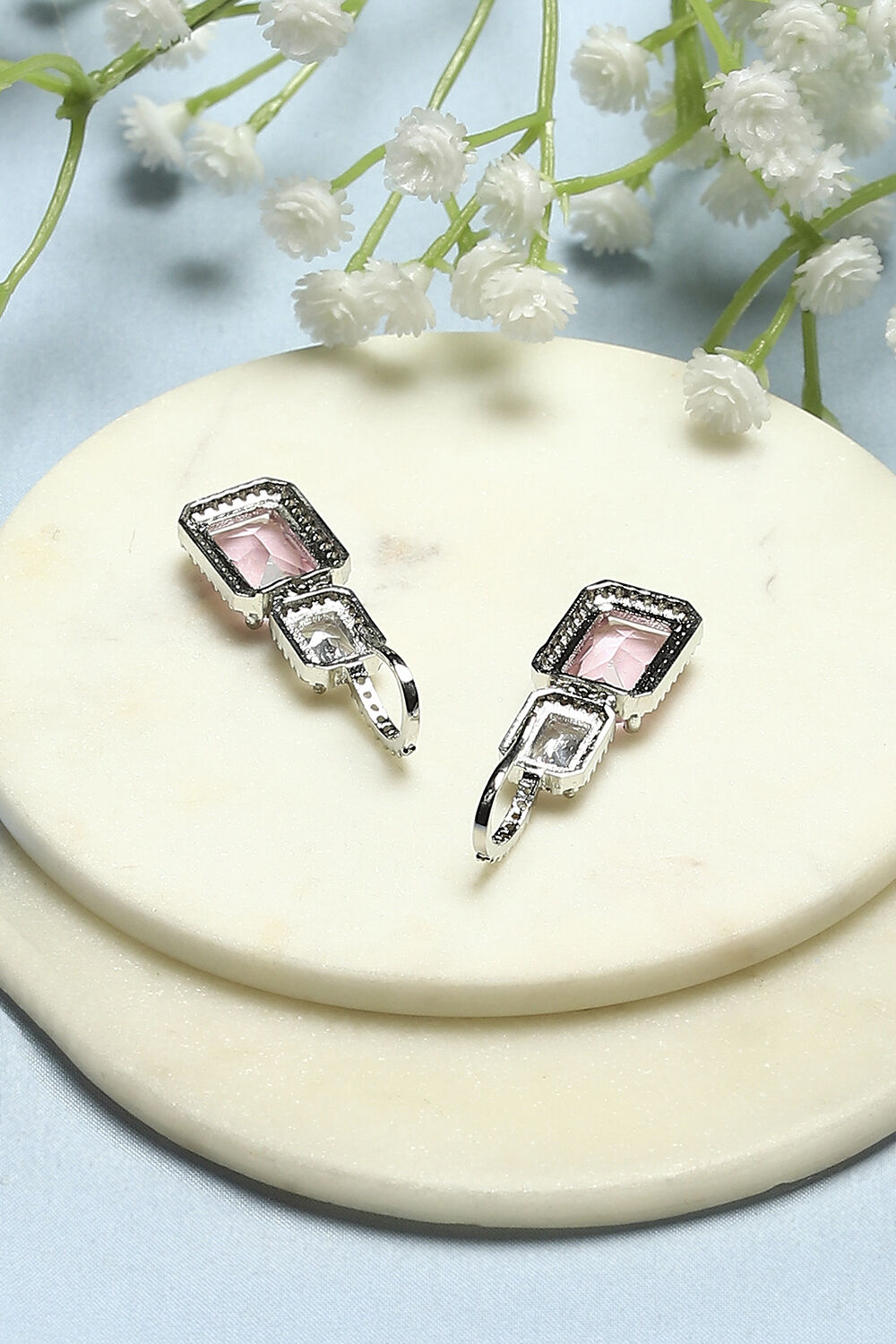 Light Pink Silver-Plated CZ Studded Geometric Danglers image number 2