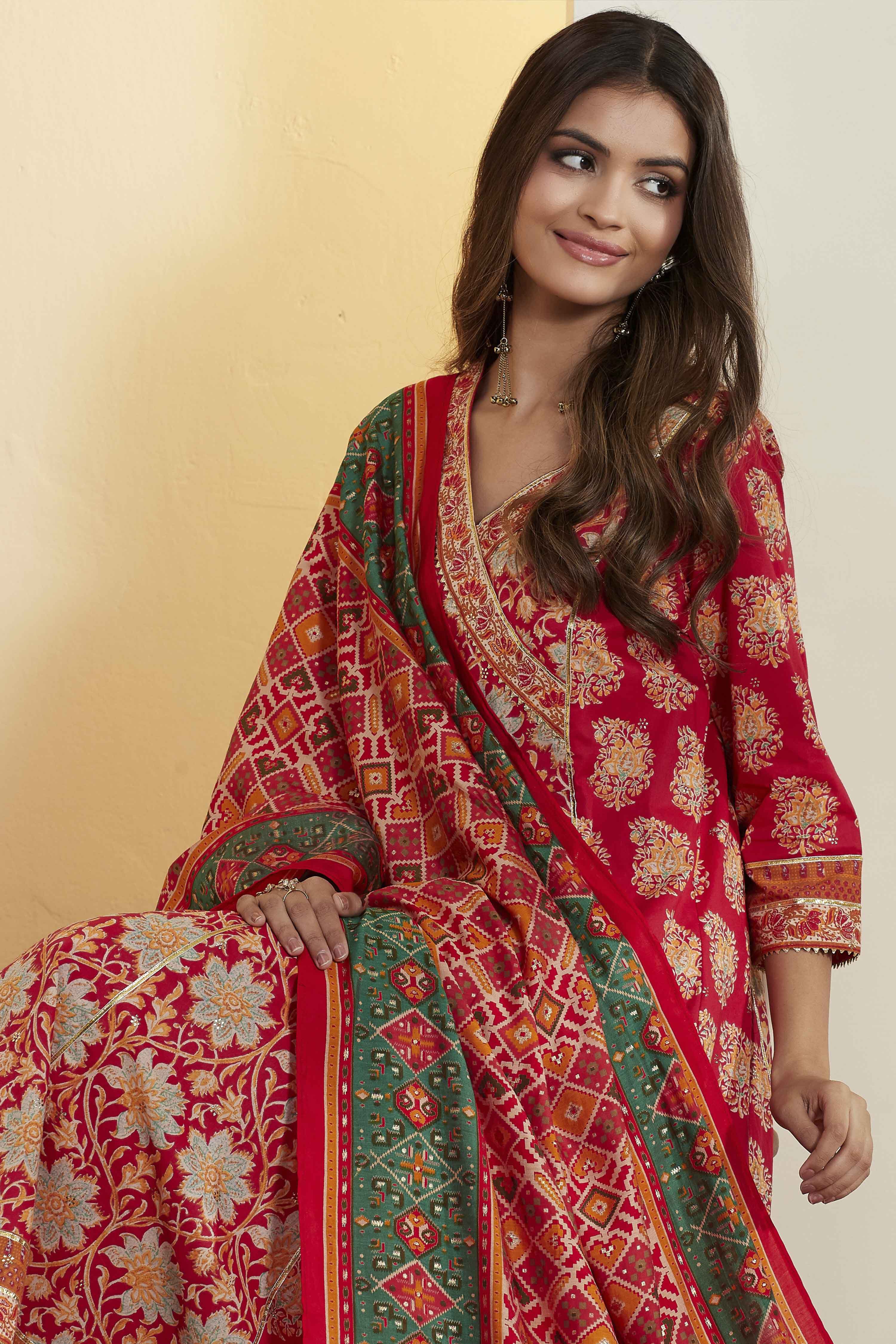 Red Cotton Floral Printed Anarkali Kurta Set image number 1