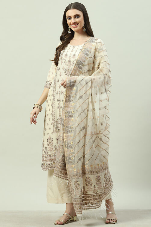 Ecru Art Silk Straight Kurta Palazzo Suit Set image number 2