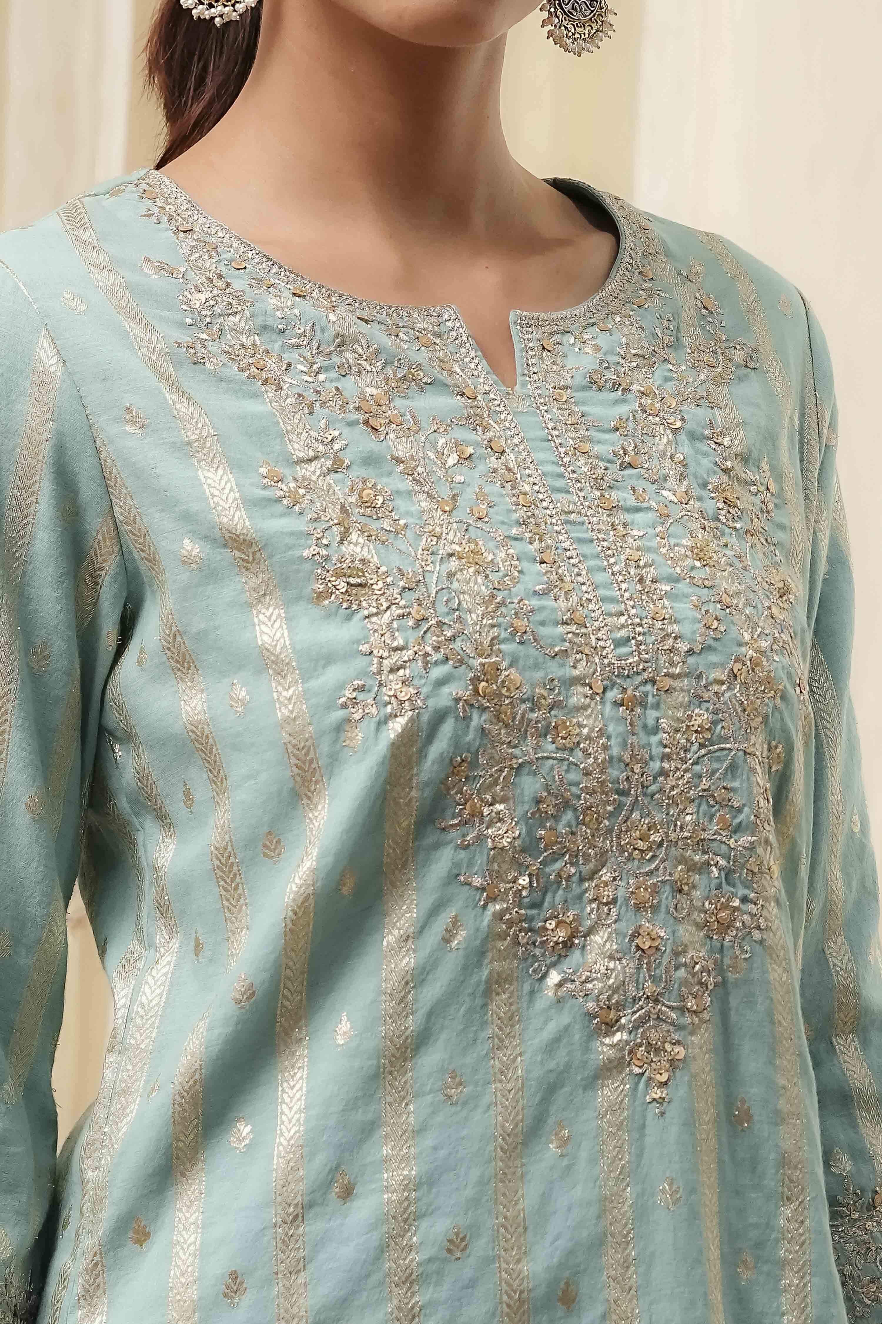 Powder Blue Embroidered Straight Suit Set image number 1