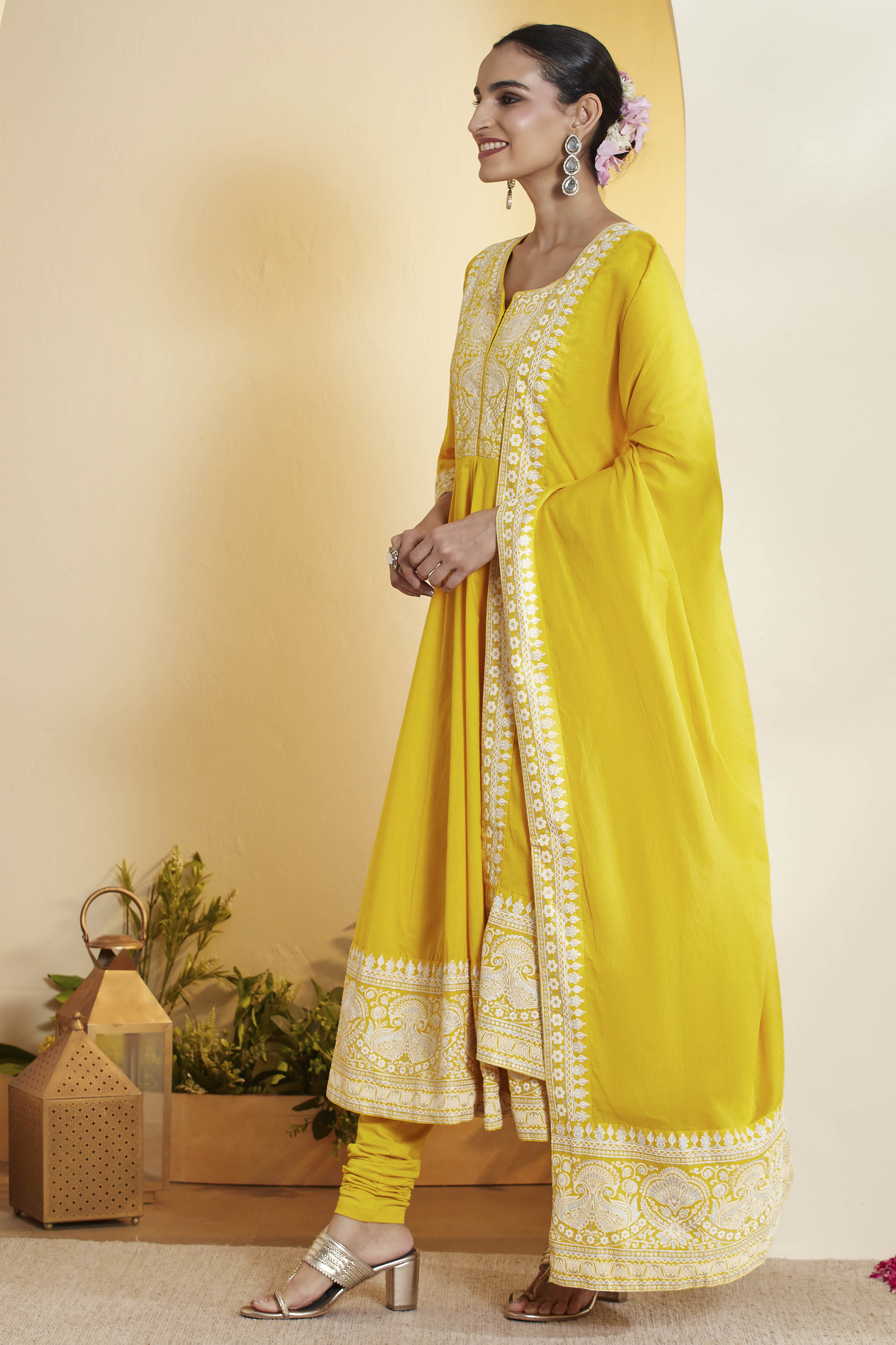 Yellow Cotton Embroidered Anarkali Kurta Set image number 4