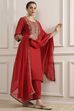 Red Embroidered Straight Suit Set