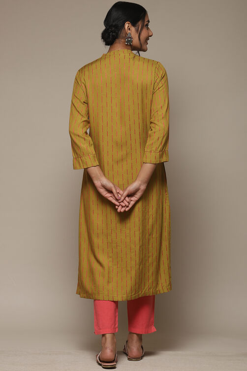 Olive Pink LIVA Straight Yarndyed Kurta image number 4