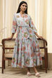 Earthy Blue Cotton Floral Tiered Dress image number 0