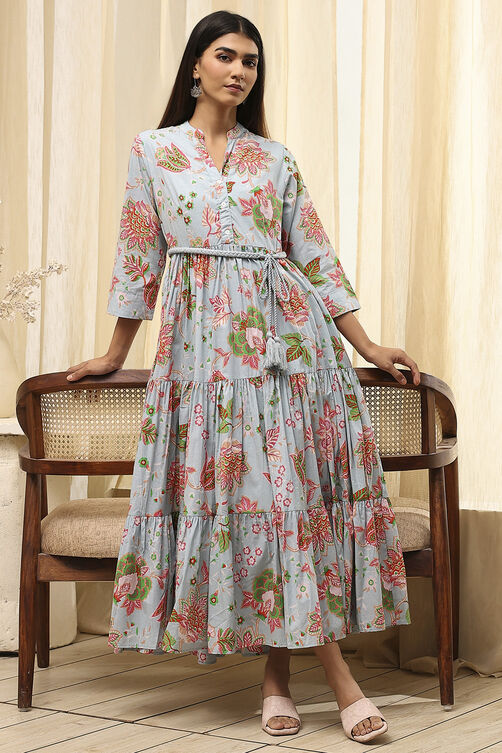 Earthy Blue Cotton Floral Tiered Dress image number 0