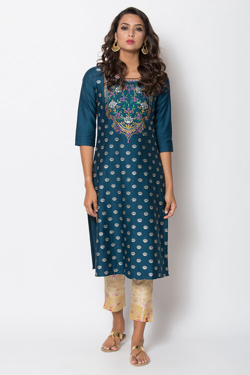 Navy Blue Cotton Straight Printed Kurta image number 0