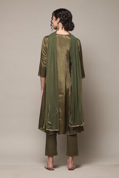 Mehandi Green Viscose Kalidar Kurta Slim Pants Suit Set image number 4