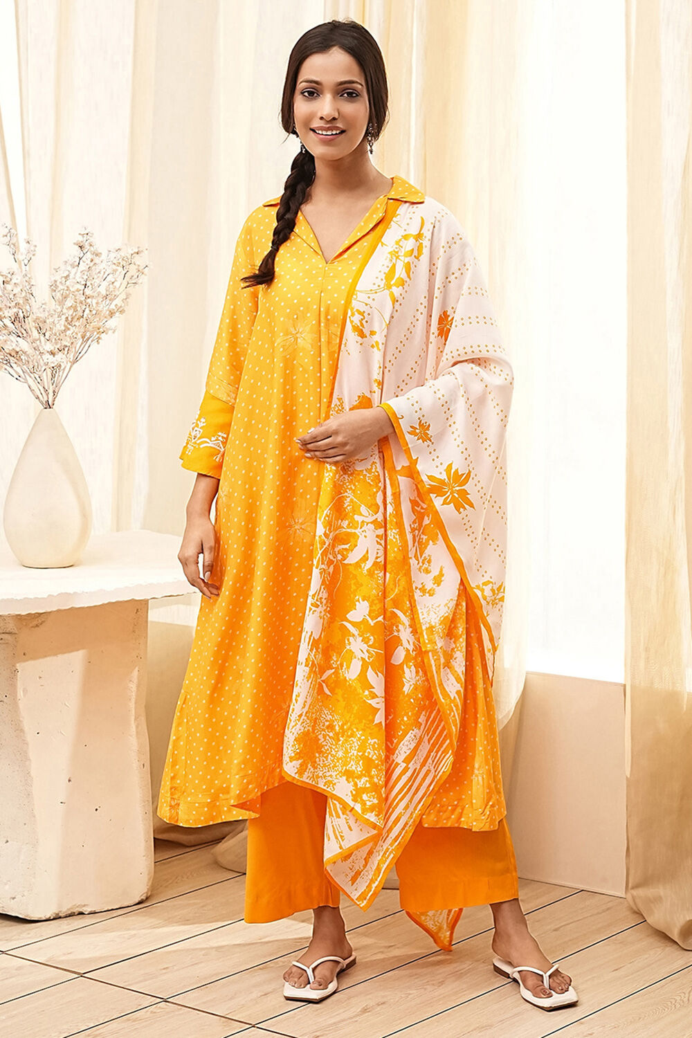 Yellow Bandhani Printed A-Line Suit Set image number 6