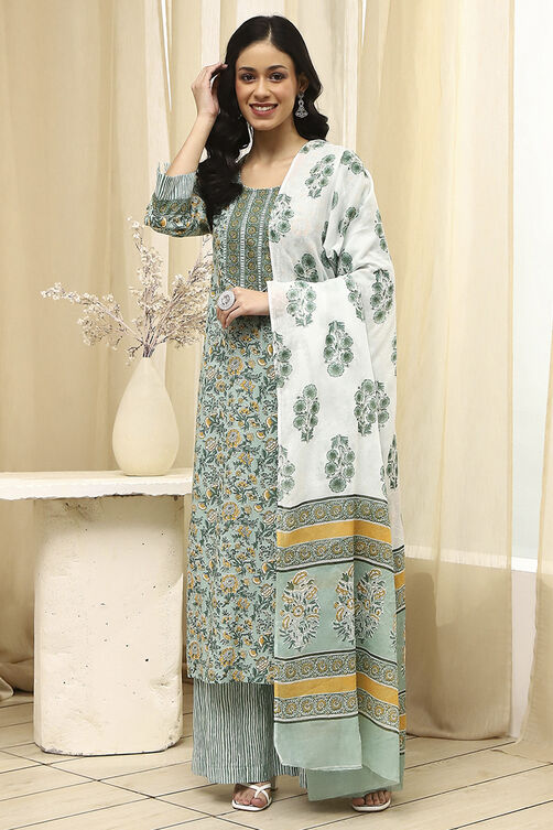 Green Cotton Screen Print Unstitched Suit Set image number 7