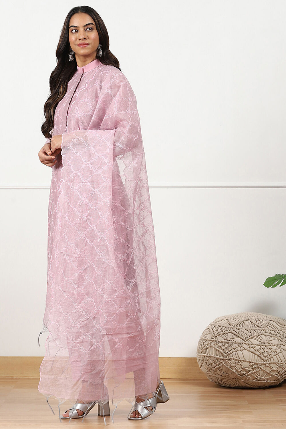 Grey Floral Thread Work Unstitched Suit Set image number 4