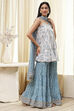 White and Blue Cotton Floral Flared Suit Set image number 5