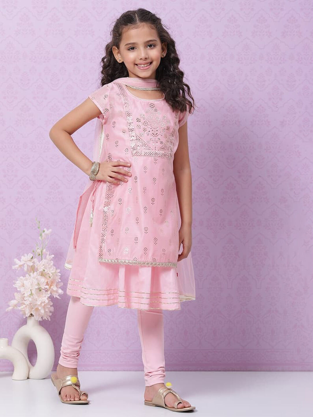 Pink Polyester Flared Printed Suit Set image number 8