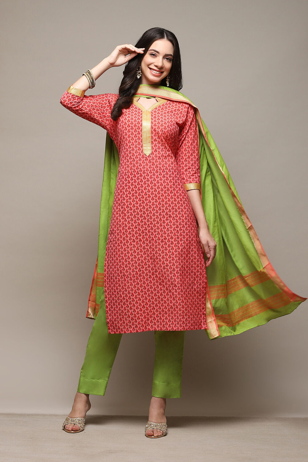 Pink Cotton Handloom Unstitched Suit Set image number 1