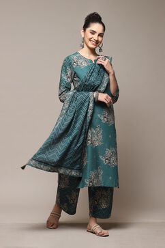 Dark Green Cotton Straight Kurta Palazzo Suit Set image number 0