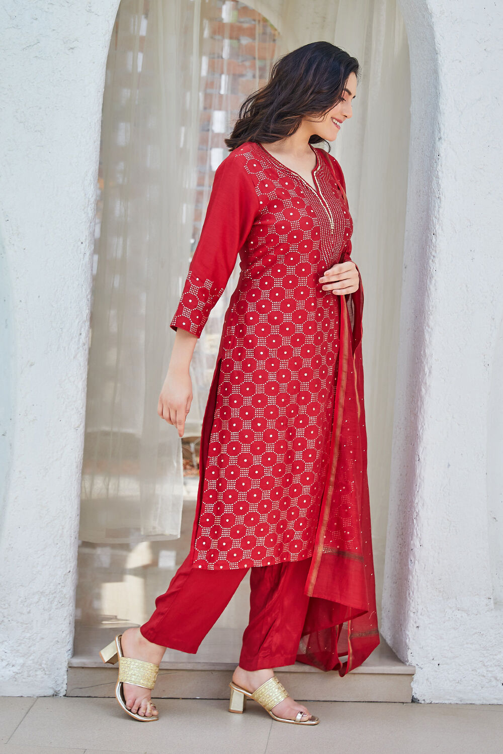 Pink Yard-Dyed Chanderi Kurta & Pants Suit Set image number 5