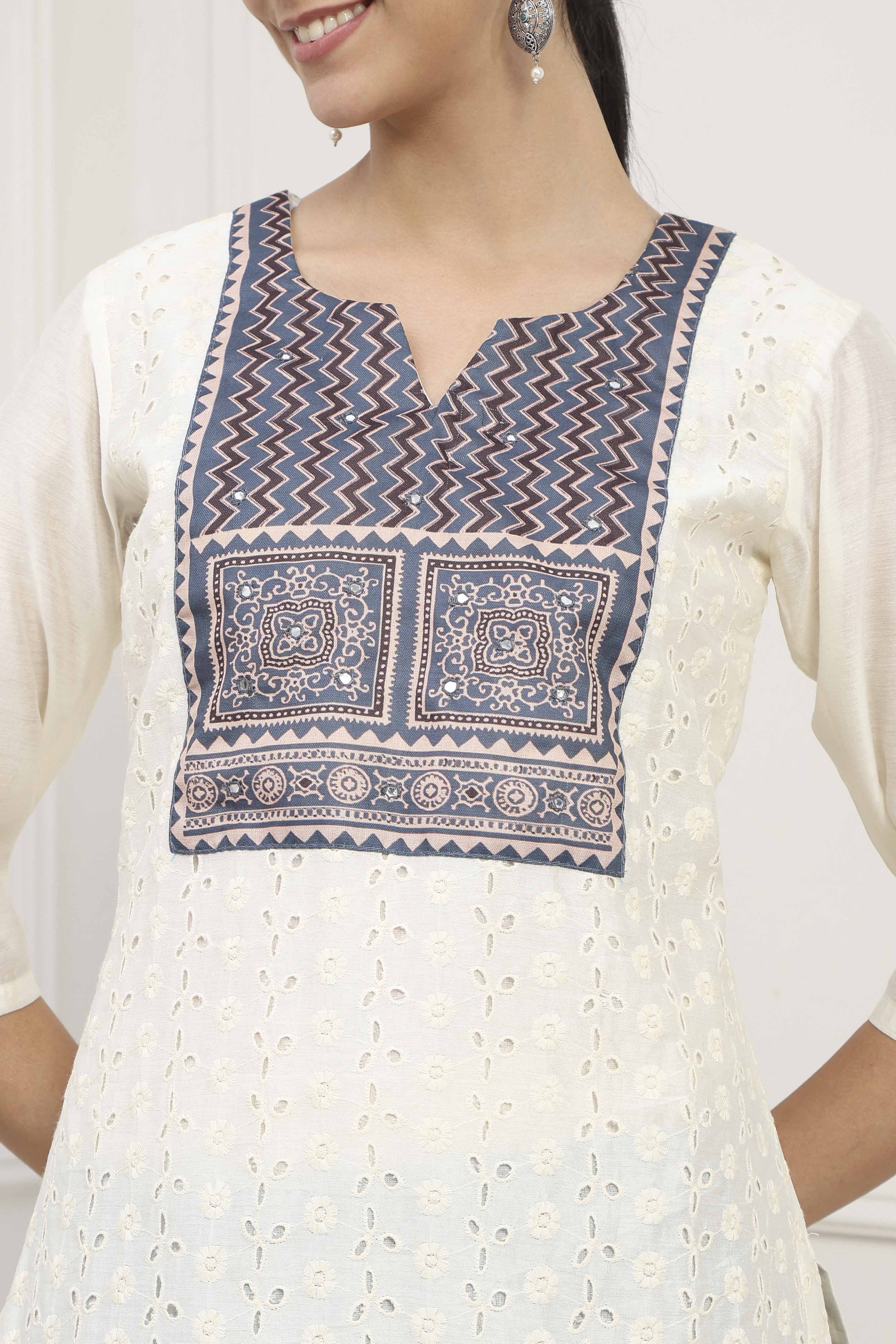 Off White Cotton Blend Schiffli Unstitched Suit Set image number 2