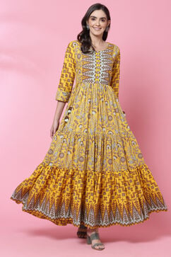 Mustard Cotton Flared Fusion Printed Dress image number 0