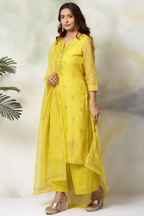 Lime Green Art Silk Straight Kurta Flared Palazzo Suit Set image number 4