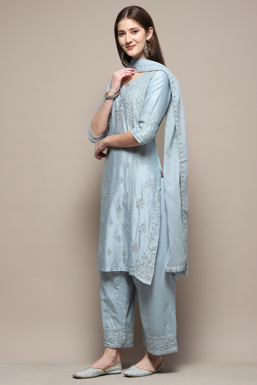 Ice Blue Embroidered Kurta & Palazzo Suit Set image number 4