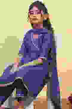 Blue Viscose Blend Solid Kalidar Suit Set image number 7