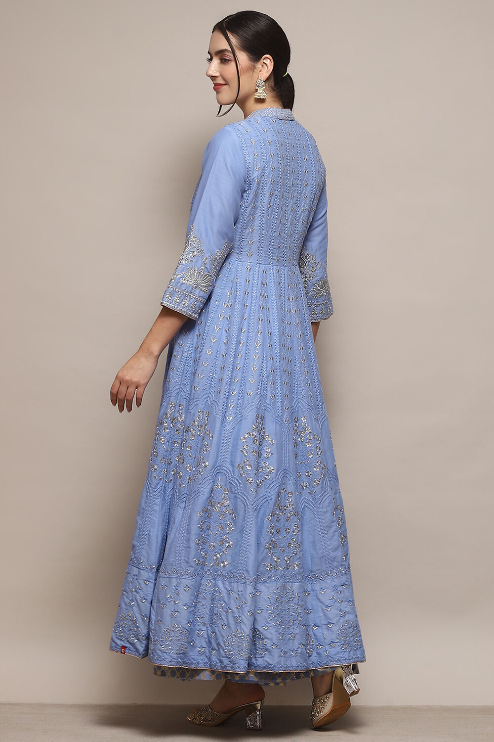 Aqua Blue Cotton Anarkali Kurta Lehenga Set image number 5