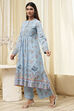 Dull Blue Cotton Flared Printed Kurta Set image number 3