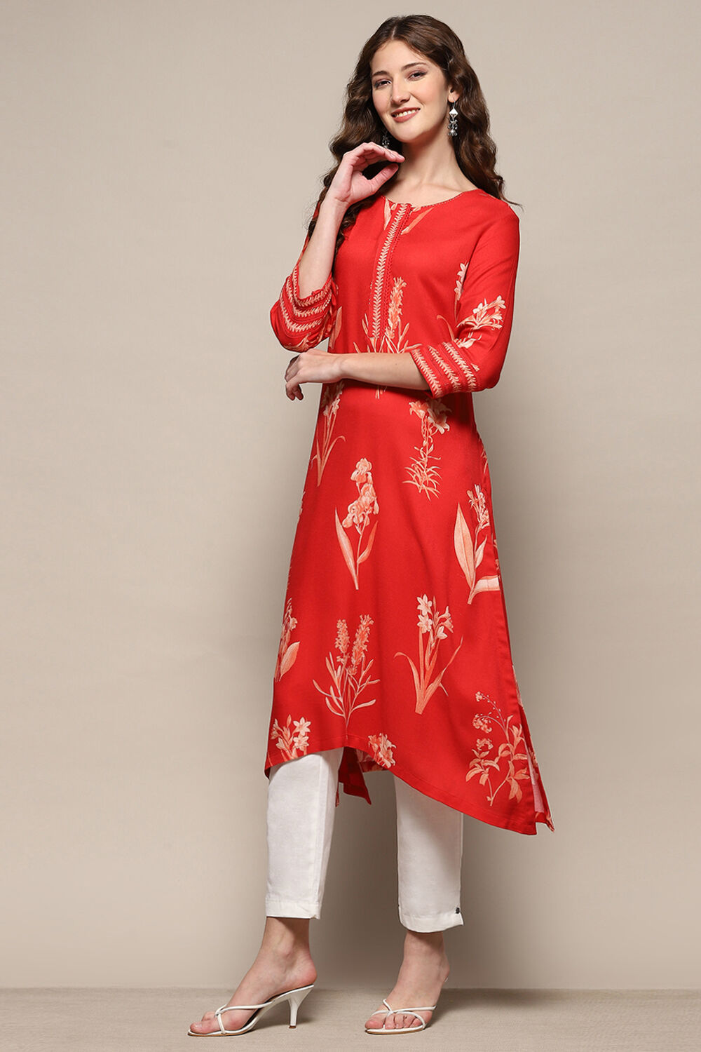Orange Rayon Printed Asymmetric Kurta image number 2