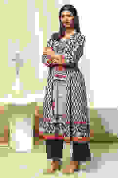 Black and Beige Cotton Printed A-Line Kurta Set image number 0