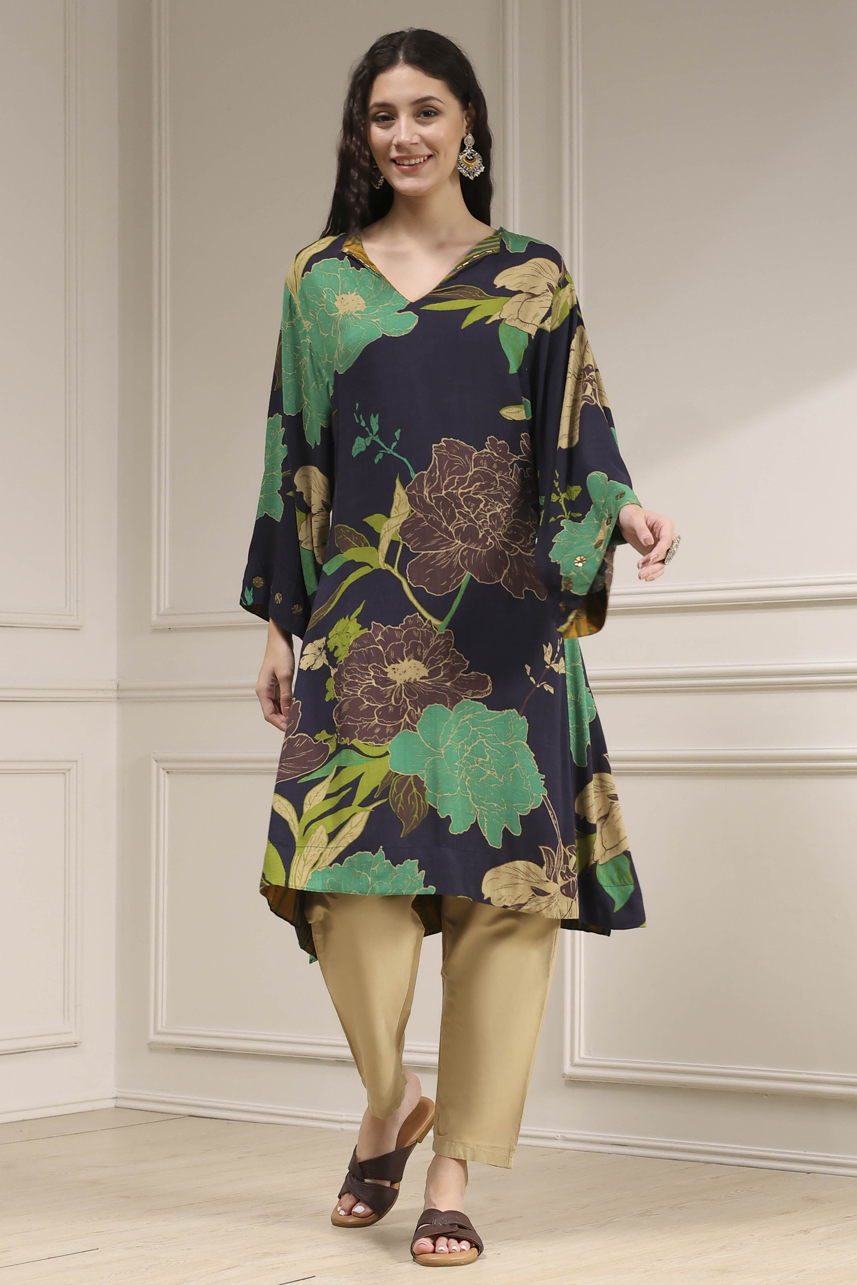 Charcoal Viscose Rayon A-Line Printed Kurta image number 5