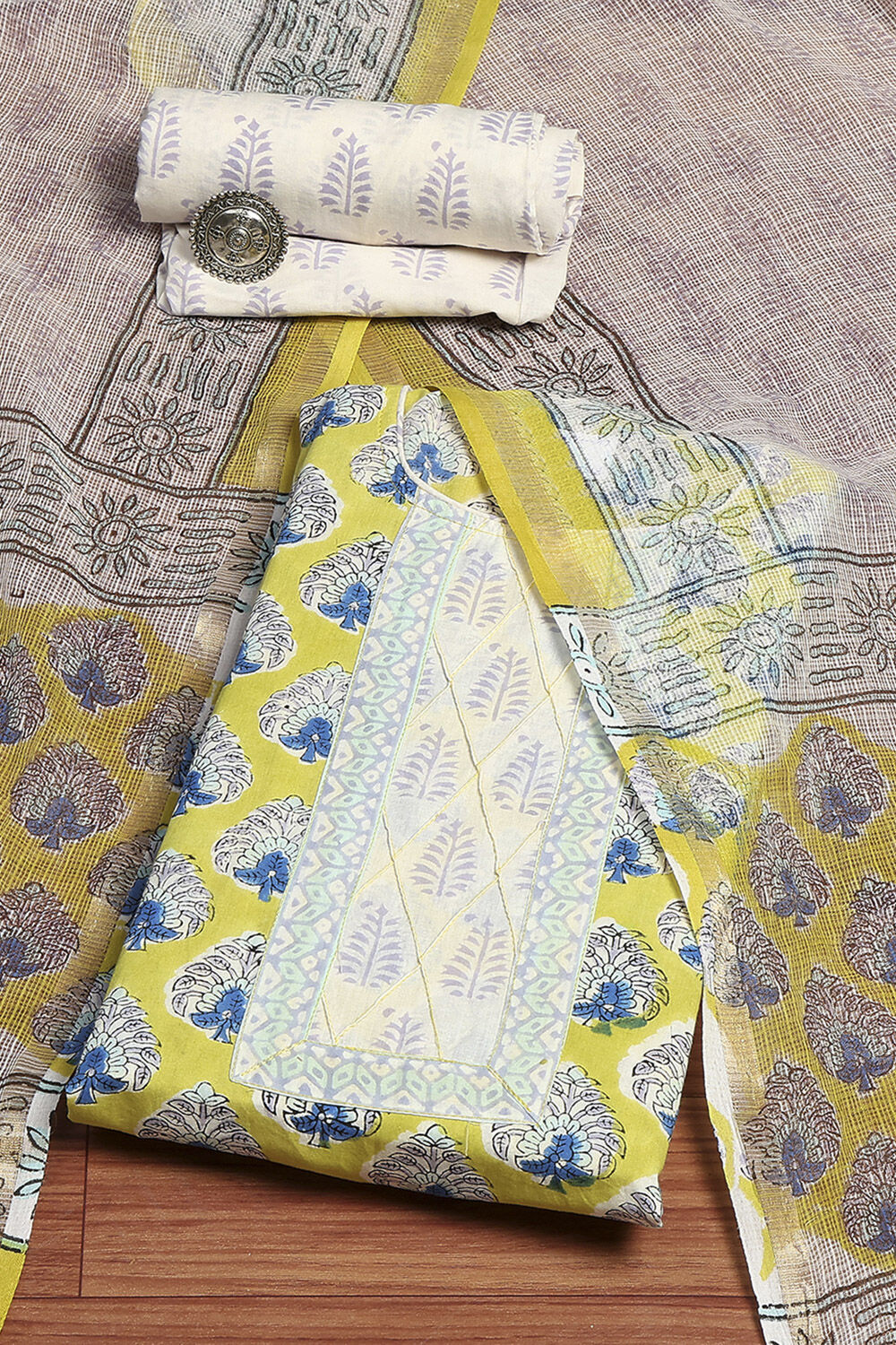 Slate Blue Cotton Hand Block Print Unstitched Suit Set image number 0