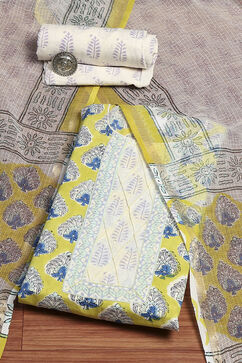 Lime Green Cotton Hand Block Print Unstitched Suit Set image number 0