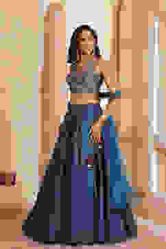 Teal Poly Dupion Silk Hand Zardozi Lehenga Set image number 0