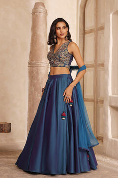 Teal Poly Dupion Silk Hand Zardozi Lehenga Set image number 0