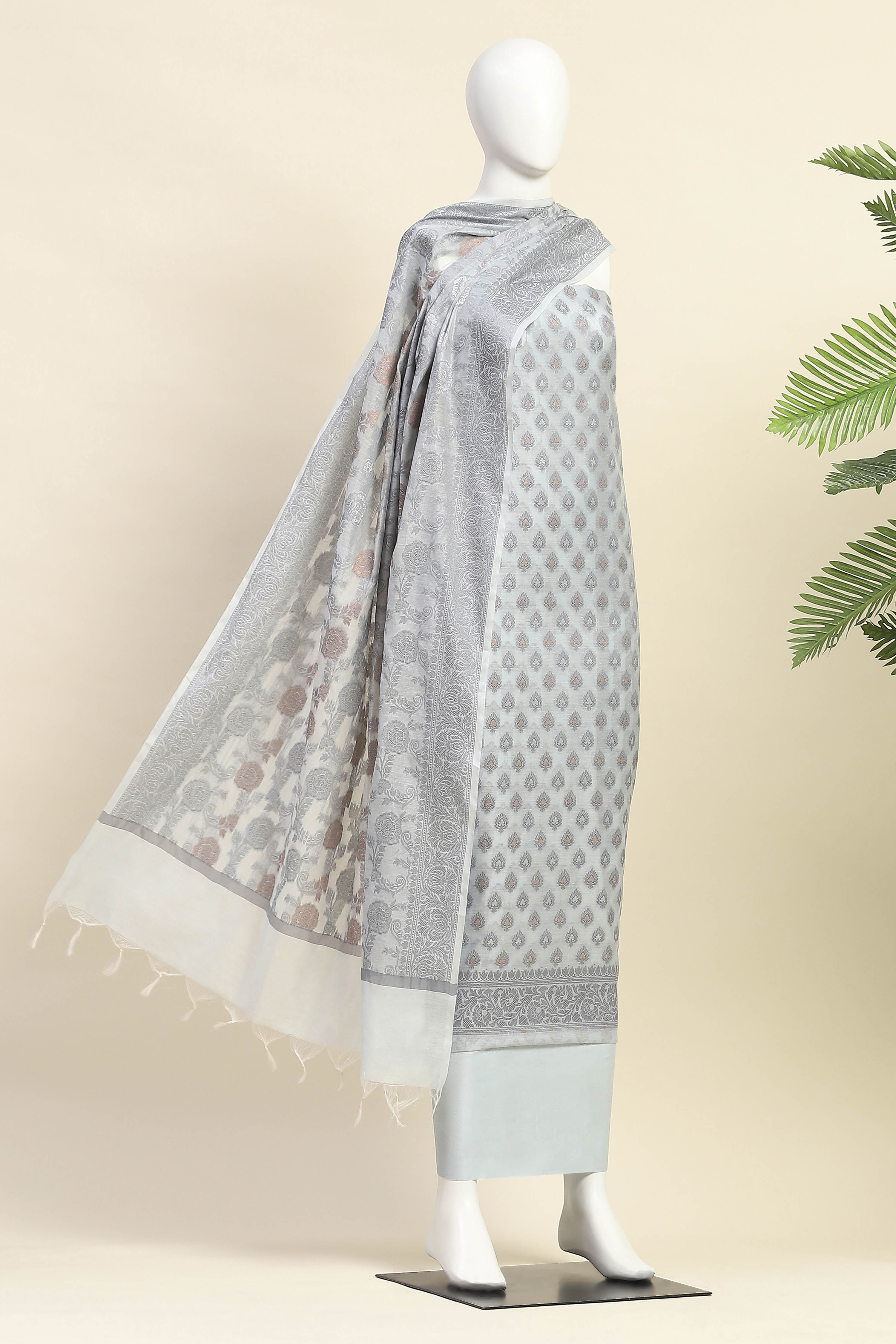Beige Cotton Printed Embroidered Unstitched Suit Set image number 4