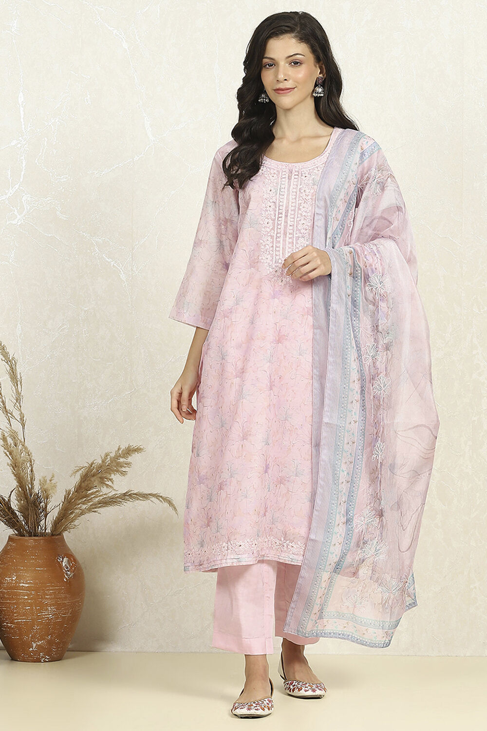 Light Pink Chanderi Unstitched Suit Set image number 8