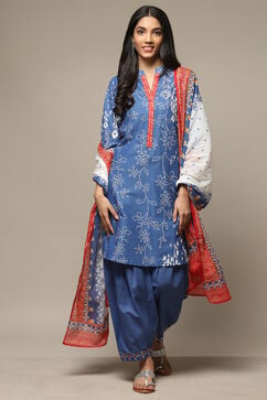 Blue Cotton Straight Kurta Cross Yoke Salwar Suit Set image number 5