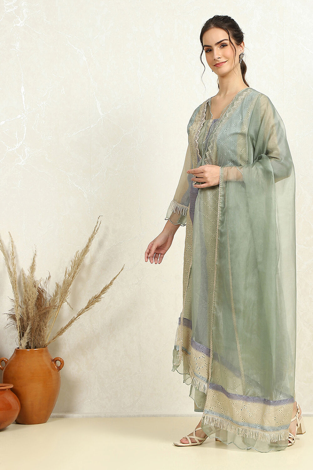 Green Cotton Blend Schiffli Unstitched Suit Set image number 2