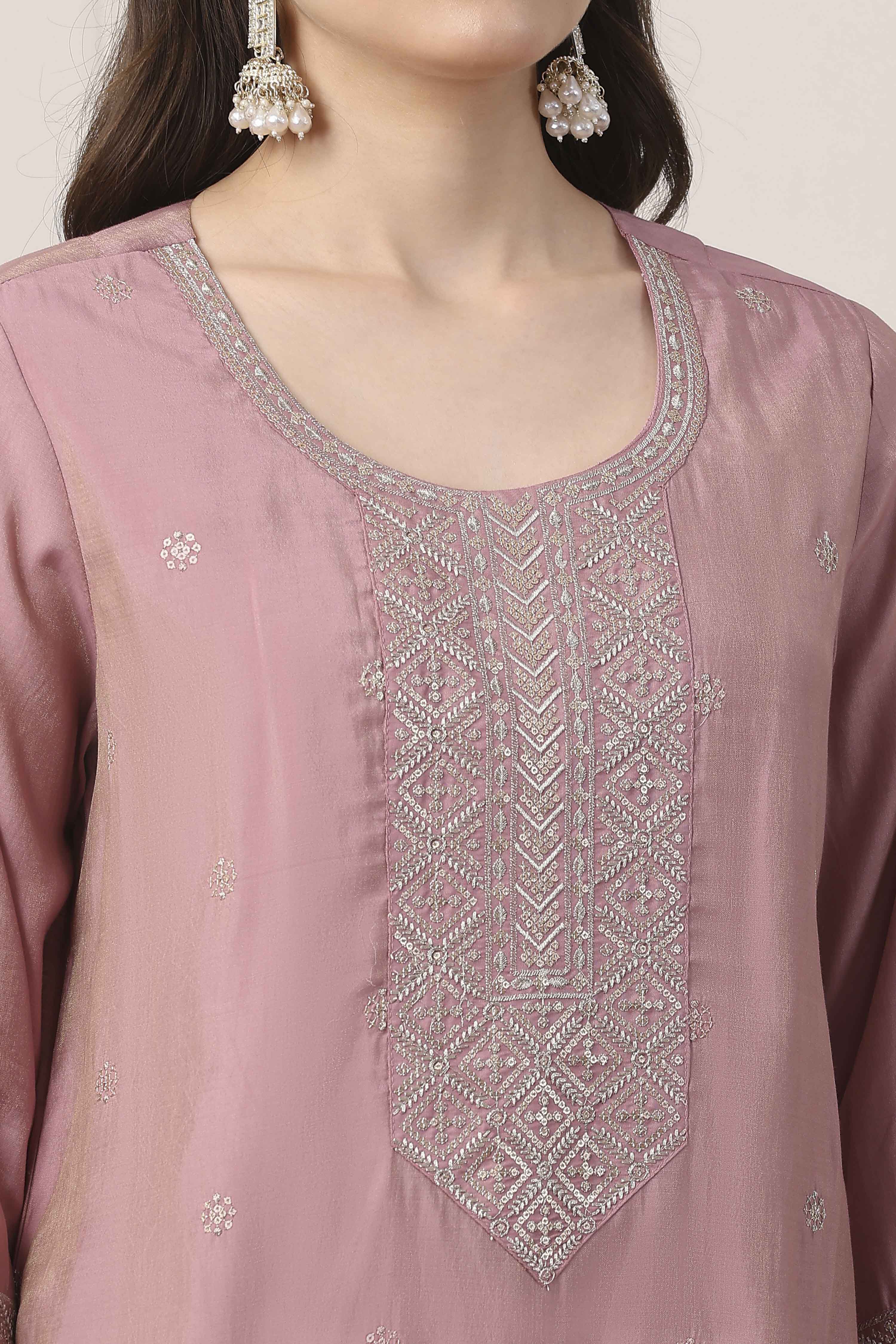 Pink Yoke Embroidered Straight Suit Set image number 1