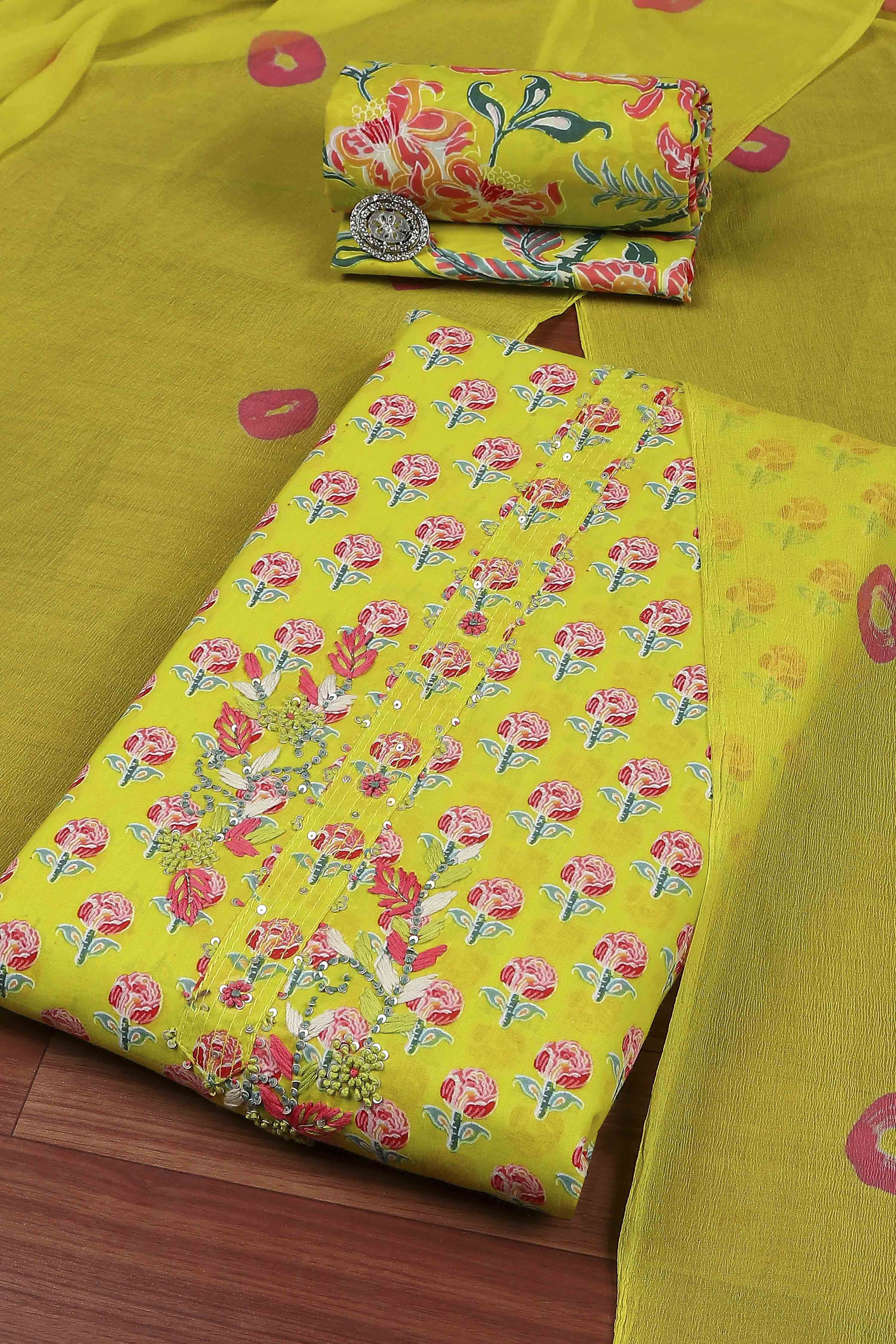 Lime Green Cotton Printed Embroidered Unstitched Suit Set image number 0