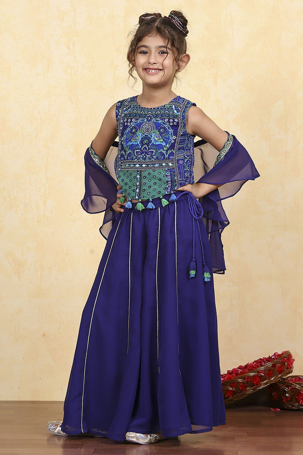 Blue Polyester Printed Short TOP Suit Set image number 3