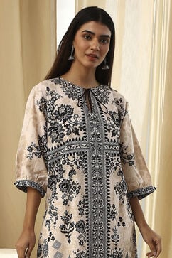 Off-White and Black Pure Cotton Printed Kurta Set image number 1